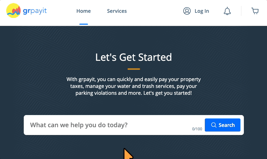 Animated grpayit homepage showing cursor selecting ‘Services’ and scrolling to choose ‘Delinquent Personal Property Tax.’
